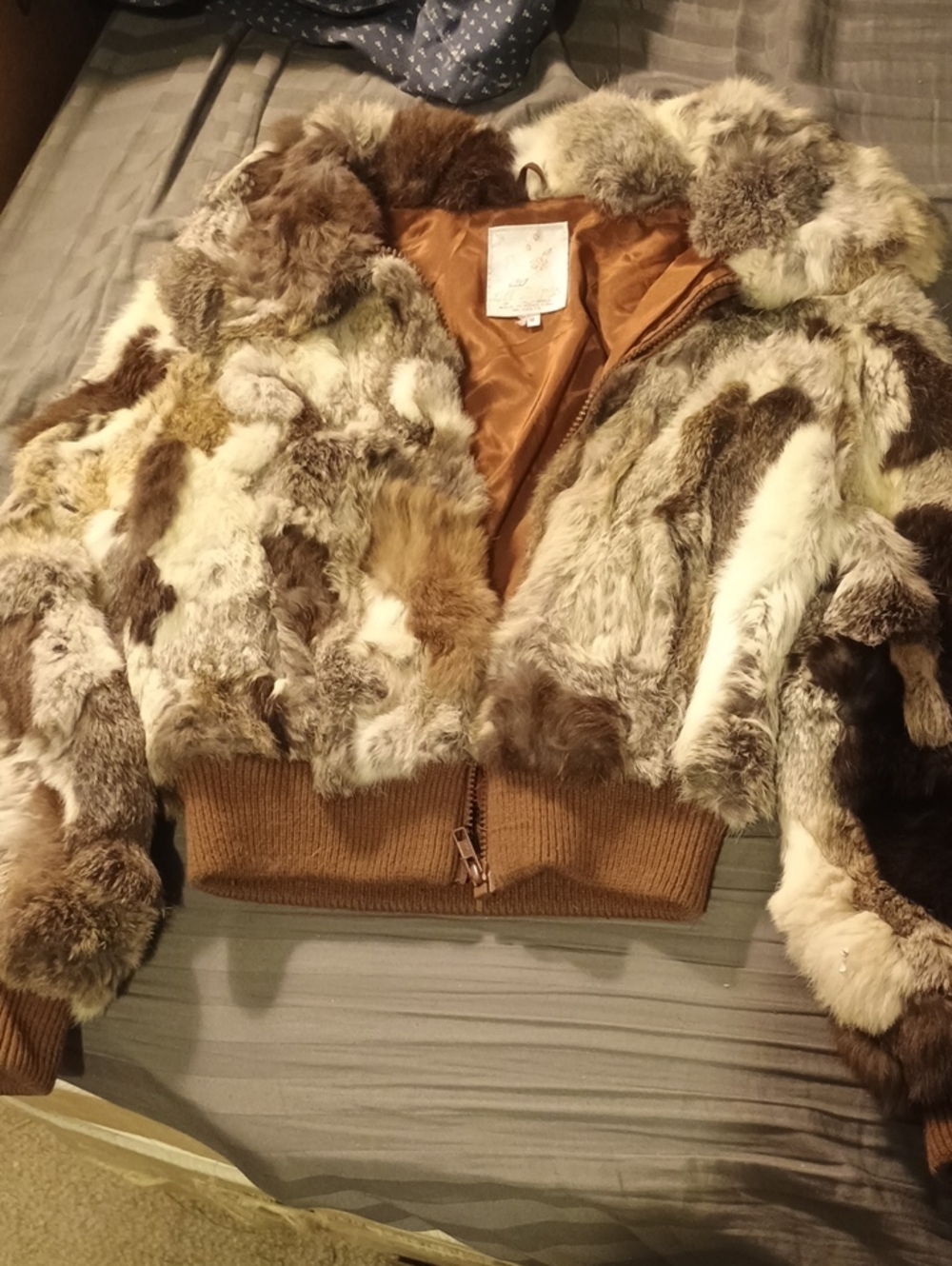 Vintage Genuine Patchwork Rabbit Fur Bomber Jacket - Brown Multi Size M